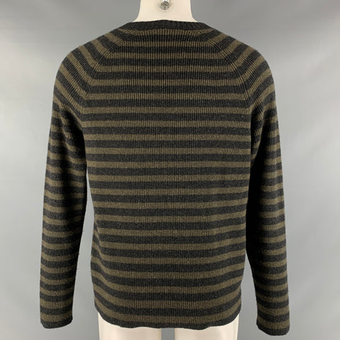 VINCE Jersey con cuello redondo de cachemir y lana a rayas gris oliva talla M