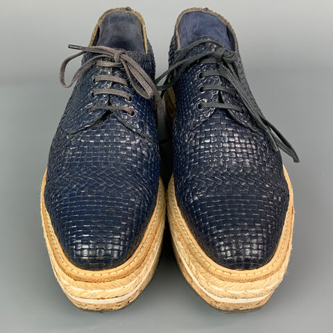 PRADA Size 10 Navy Woven Leather Cork Platform Dress Shoes