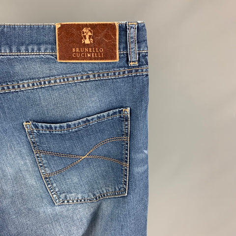BRUNELLO CUCINELLI Size 34 Blue Washed Cotton Button Fly Jeans