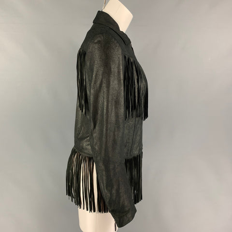 GIL SANTUCCI Size 4 Charcoal Lamb Leather Fringe Jacket