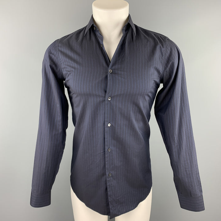 MIU MIU Camisa de manga larga con botones de algodón a rayas azul marino talla S