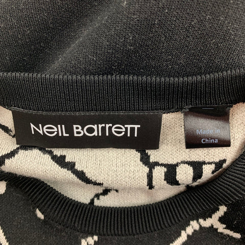 NEIL BARRETT Size L Black White Abstract Wool Viscose Blend Crew-Neck Sweater