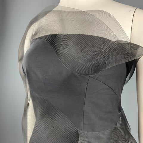 AKRIS Size 12 Black Cotton / Silk Strapless Mesh Ruffle Bustier Top