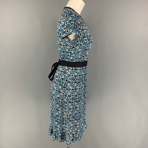 MARGARET OLEARY Blue White Black Abstract Floral Viscose Wrap Dress