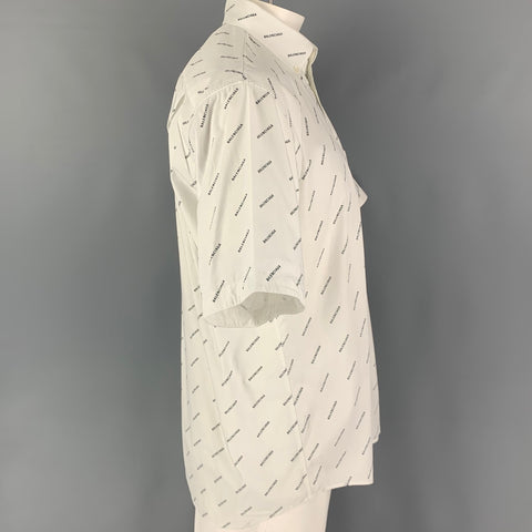 BALENCIAGA Size M White Black Logo Cotton Button Down Short Sleeve Shirt