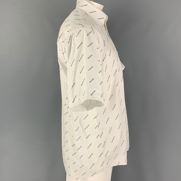 BALENCIAGA Size M White Black Logo Cotton Button Down Short Sleeve Shirt