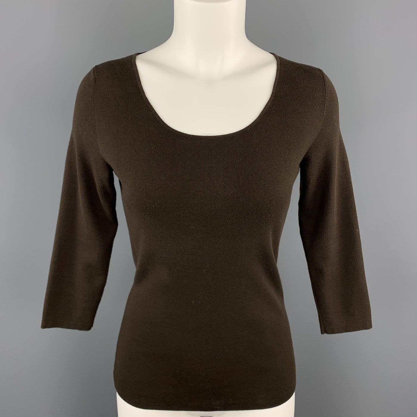 LORO PIANA Size 6 Brown Cotton / Elastane Scoop Neck 3/4 Sleeve Pullover