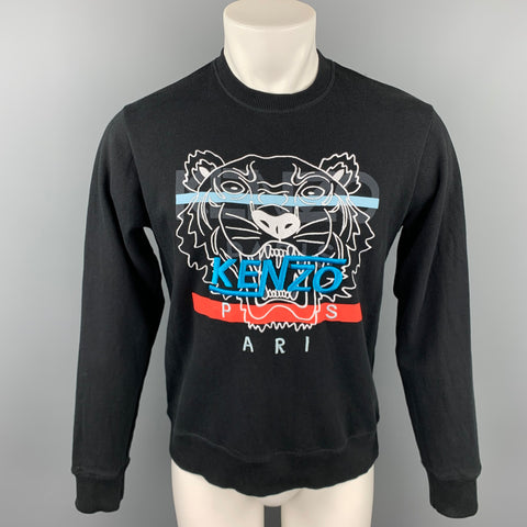 KENZO Size M Black & Blue Tiger Embroidered Cotton Crew-Neck Pullover