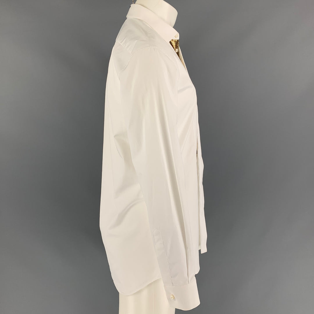 DSQUARED2 Size S White & Gold Cotton Hidden Placket Long Sleeve Shirt