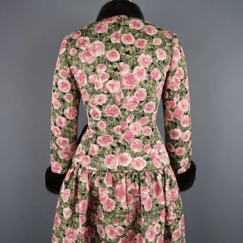BILL BLASS Size 8 Pink & Green Rose Print Cocktail Dress & Mink Jacket Set BILL BLASS