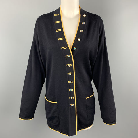 ESCADA Taille 8 Marine &amp;Jaune Mélange de Laine Tricot AB Bouton Cardigan