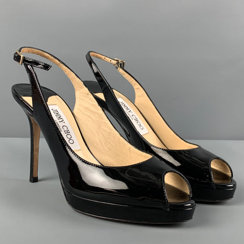 JIMMY CHOO Zapatos de tacón Nova con tira trasera en charol negro Talla 7