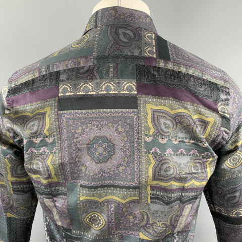 ETRO Size S Grey & Purple Print Cotton Button Up Long Sleeve Shirt