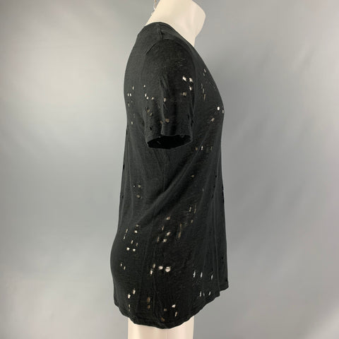 IRO Size S Black Distressed Linen Crew-Neck T-shirt