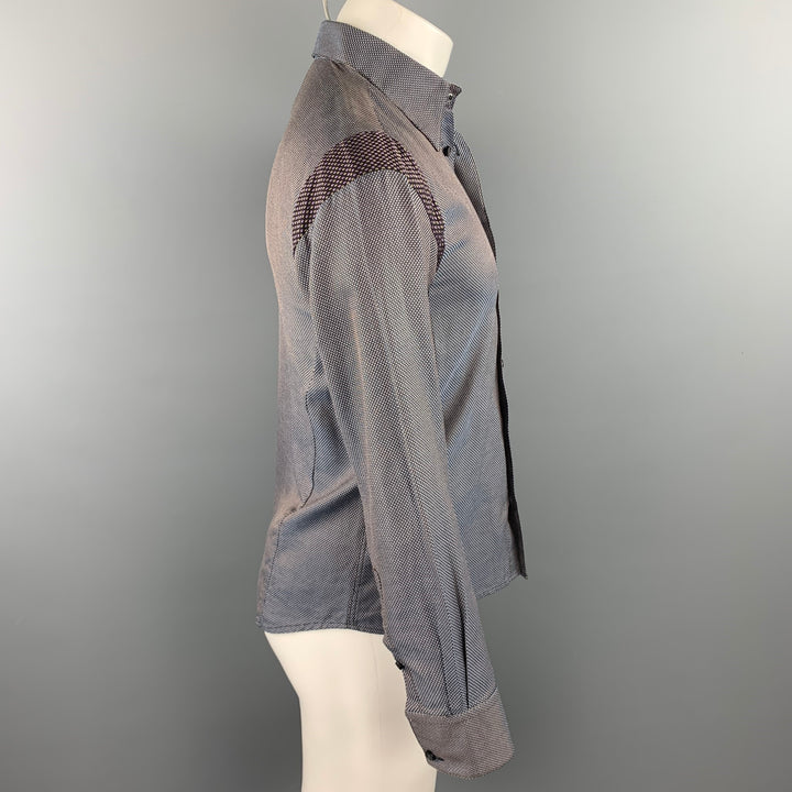 ARMAND BASI Camisa de manga larga con botones de algodón texturizado azul y marrón talla S