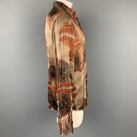 JUST CAVALLI Size L Copper & Brown Print Silk Button Up Long Sleeve Shirt