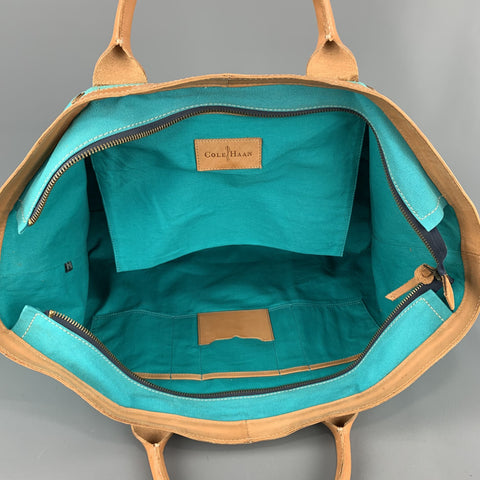 COLE HAAN Aqua & Navy Canvas Leather Two Tone Tote Bag