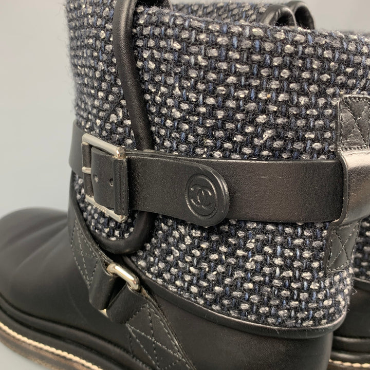 CHANEL Taille 7,5 Bottes à enfiler en tweed gris noir avec matériaux mélangés