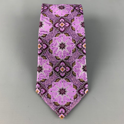 ERMENEGILDO ZEGNA Purple Brown Abstrack Floral Silk Satin Tie