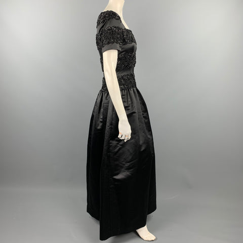 Vintage OSCAR DE LA RENTA Size 4 Black Beaded Satin Polyester Evening Gown