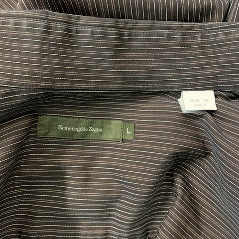 ERMENEGILDO ZEGNA Size L Brown Stripe Cotton Button Down Long Sleeve Shirt