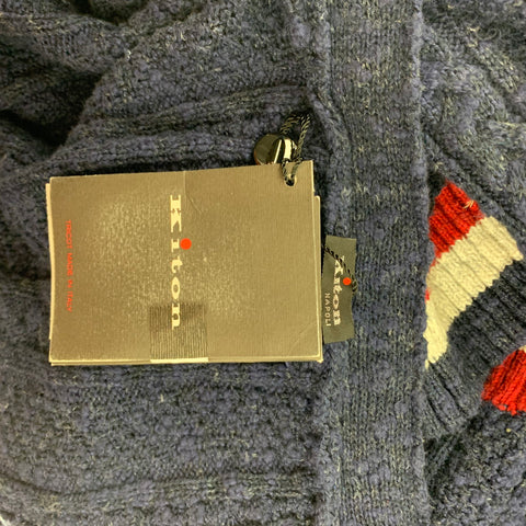 KITON Size L Navy Red & White Contrast Stitch Cotton V-Neck Cardigan