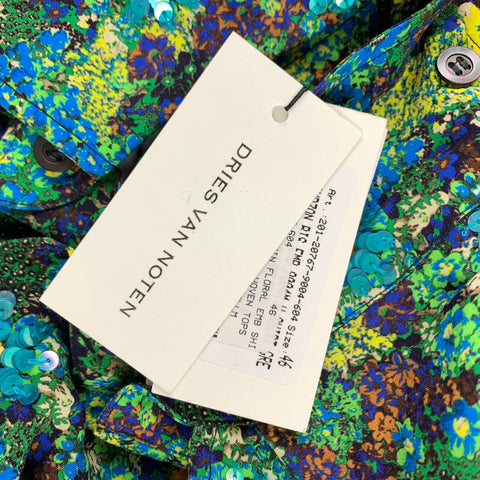 DRIES VAN NOTEN S/S 20 Size XS Green & Blue Beaded Viscose Button Up Long Sleeve Shirt