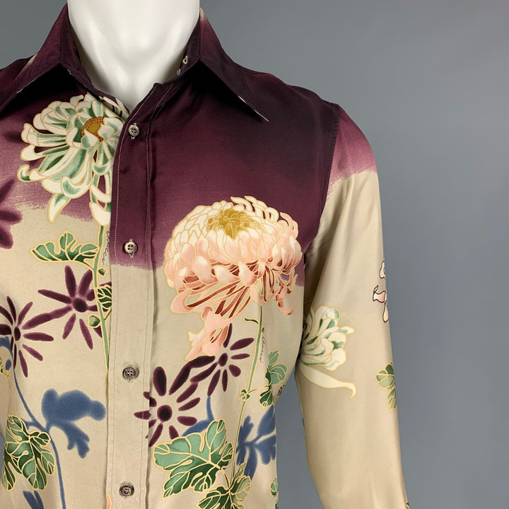 GUCCI by Tom Ford 2001 Size S Beige Floral Silk Button Up Long Sleeve Shirt