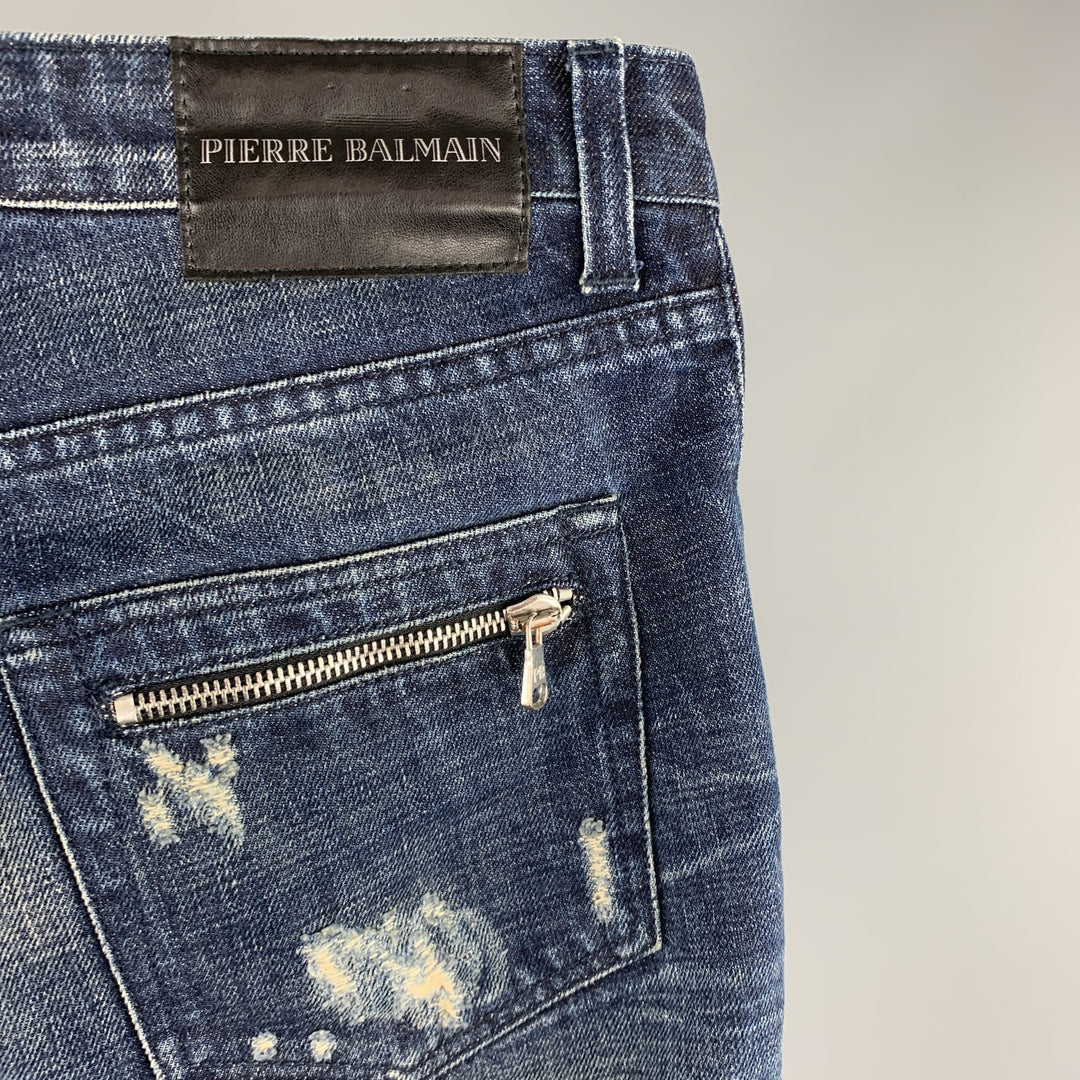 PIERRE BALMAIN Size 30 Indigo Distressed Denim Zip Fly Jeans
