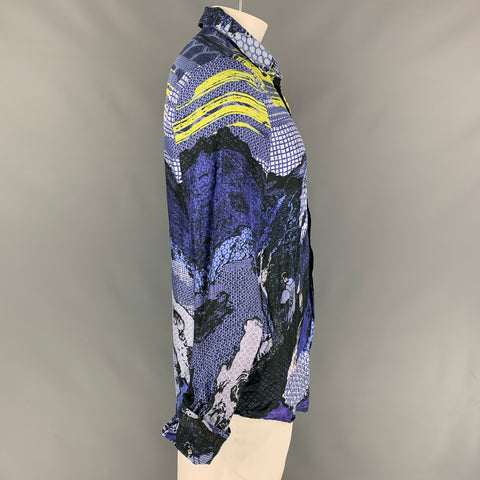 JUST CAVALLI Size XL Purple & Yellow Graphic Silk Button Up Long Sleeve Shirt