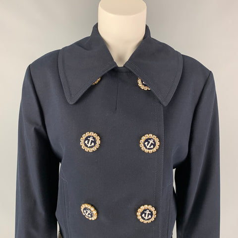 DOLCE & GABBANA Size 6 Navy Cotton Rhinestone Anchor Double Breasted Nautical Jacket