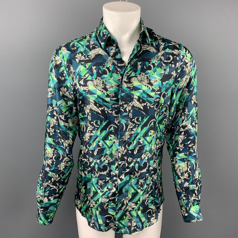 VERSACE COLLECTION Trend Size S Green & Navy Print Silk Hidden Buttons Long Sleeve Shirt