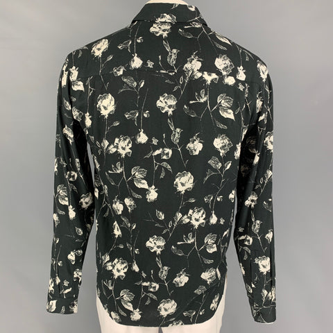 THE KOOPLES Size XL Black White Floral Viscose Button Up Long Sleeve Shirt