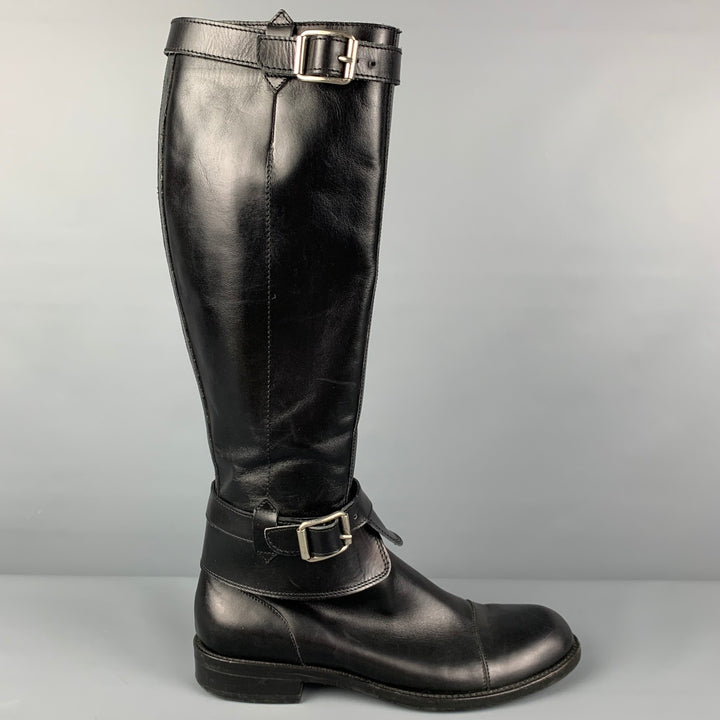 GIORGIO ARMANI Size 9 Black Leather Belted Riding Boots