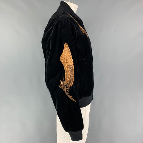 CHRISTIAN DADA FW 19 Size 42 Black Copper Cotton Velvet Feather Embroidery Bomber Jacket