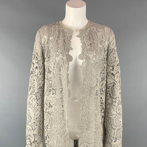 RALPH LAUREN Black Label Talla 10 Cárdigan con ribete de cuero de algodón con textura de encaje gris claro