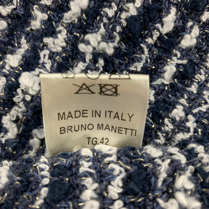 BRUNO MANETTI Size 6 Blue & White Boucle Silk Blend Jacket