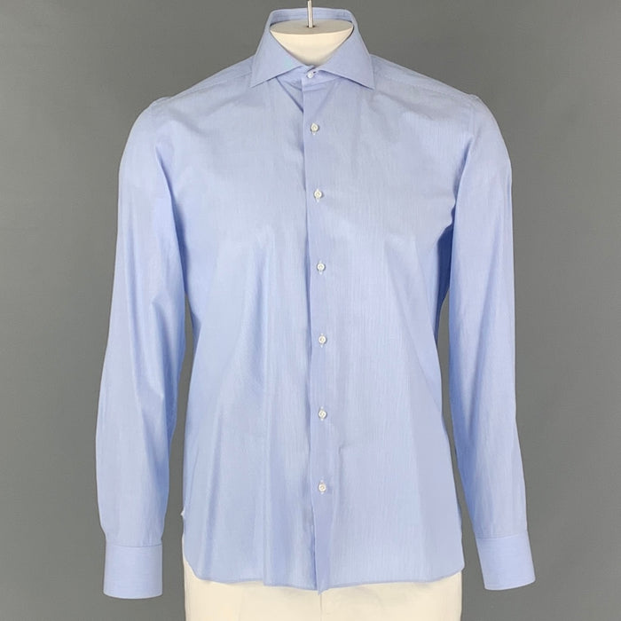 ISAIA Size L Pinstripe Light Blue Cotton Button Up Long Sleeve Shirt