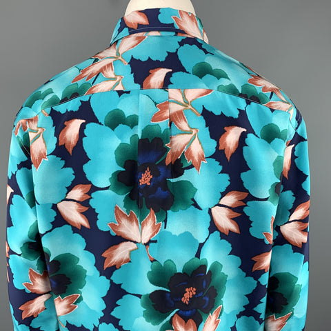 KENZO Size L Aqua Floral Leafs Silk Long Sleeve Shirt