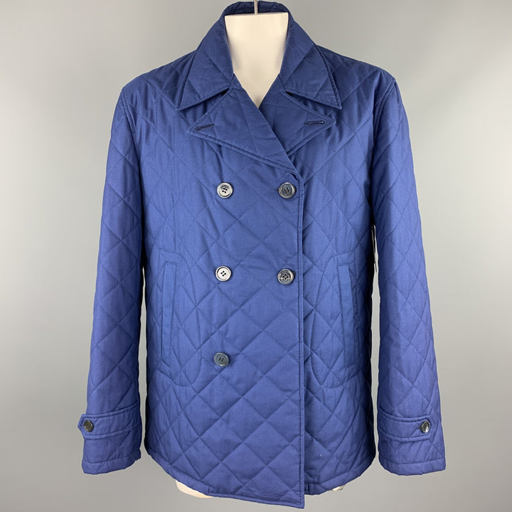 ISAIA Size 48 Royal Blue Quilted Cotton / Wool Double Breasted Peacoat