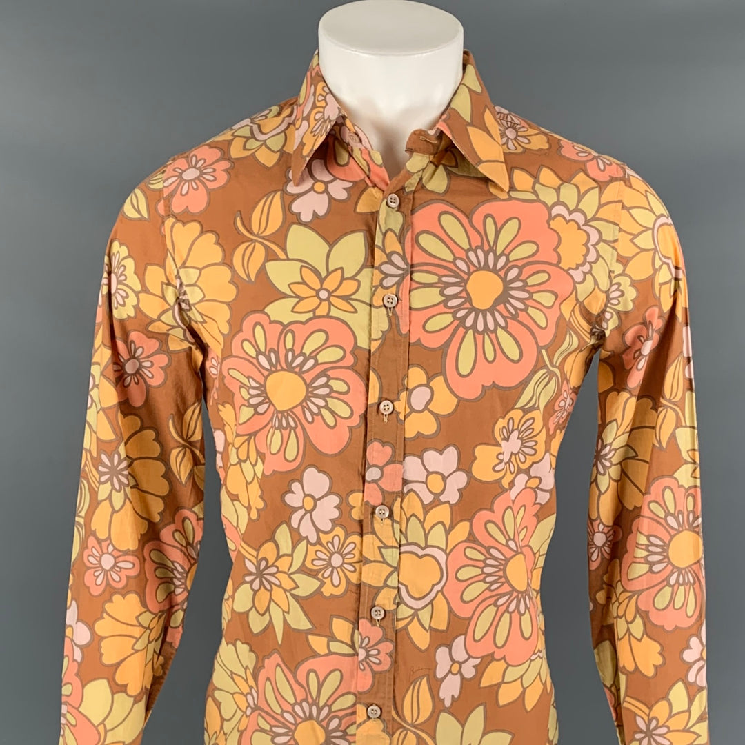 BURBERRY PRORSUM Spring 2006 Size M Brown & Orange Floral Cotton Button Down Long Sleeve Shirt