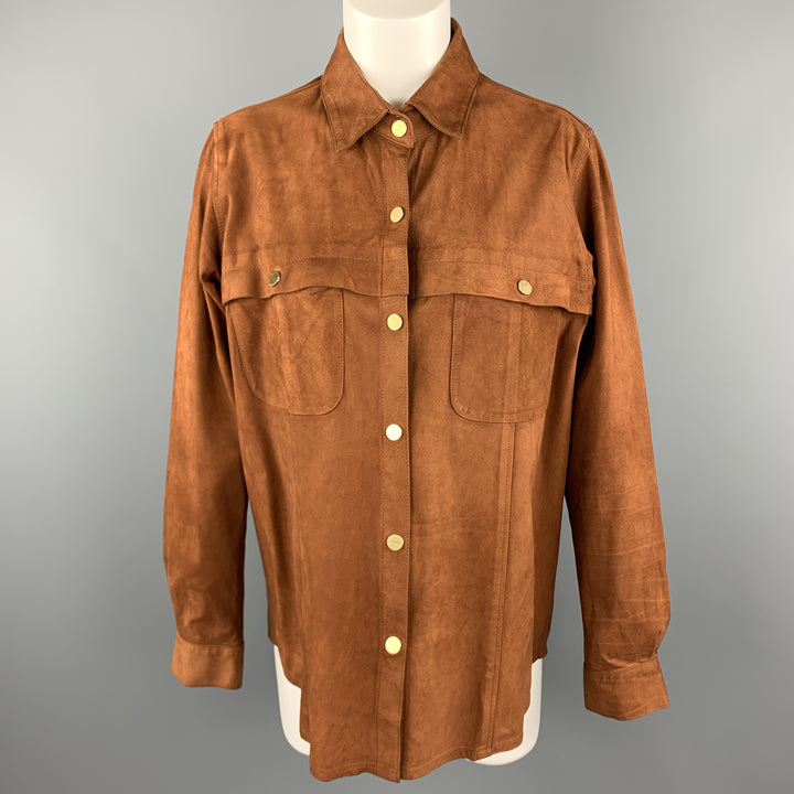 FRAME Brown Suede Size L Gold Metal Snaps Long Sleeve Shirt