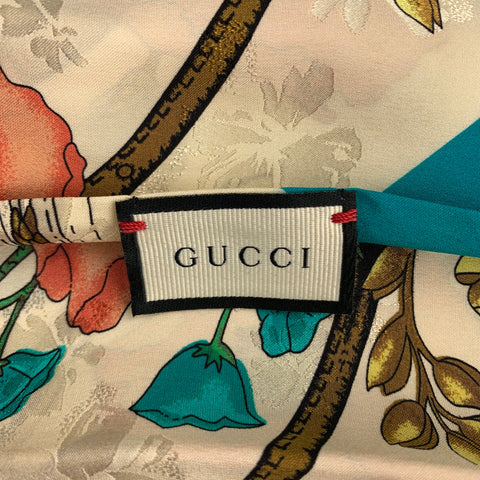 GUCCI Ascot à bordure turquoise en soie florale multicolore