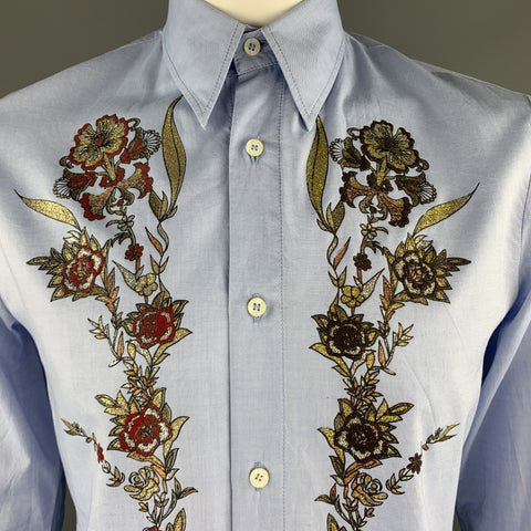 JUST CAVALLI Size XXL Light Blue Glitter Floral Print Dress Shirt