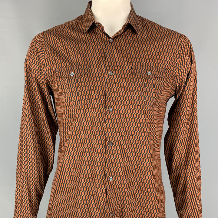 BURBERRY LONDON Size L Rust & Black Geometric Cotton / Silk Long Sleeve Shirt