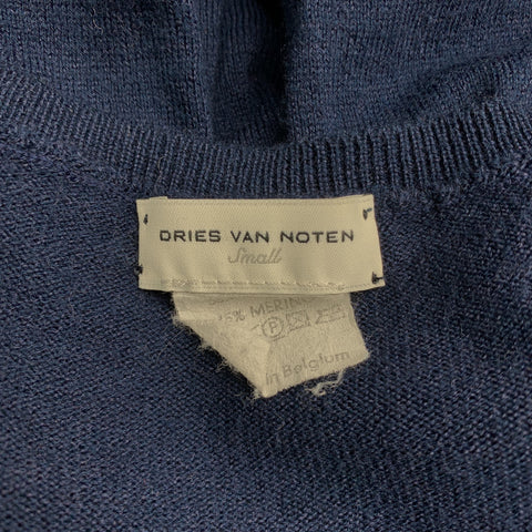 DRIES VAN NOTEN Size S Navy & cream Cotton Wool Blend V Neck Pullover