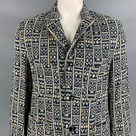 ENGINEERED GARMENTS Size L Navy & Ivory Print Cotton Peak Lapel Jacket