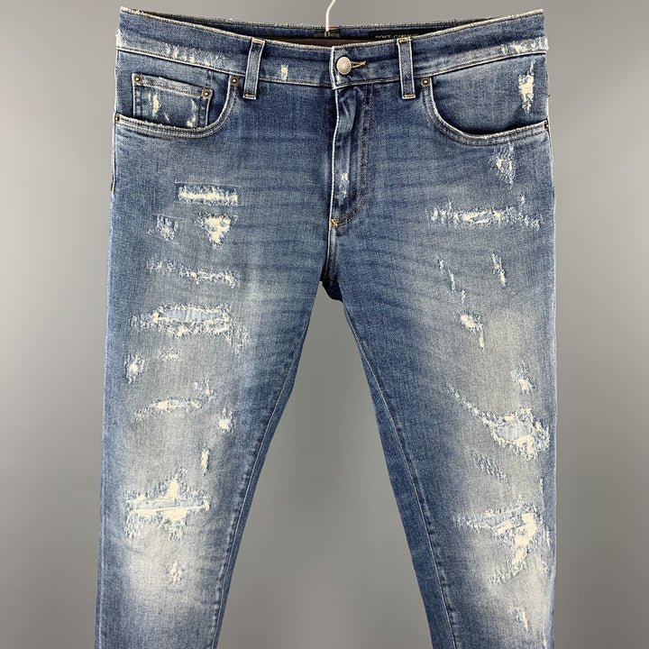 DOLCE & GABBANA Size 32 Blue Distressed Denim Zip Fly Jeans
