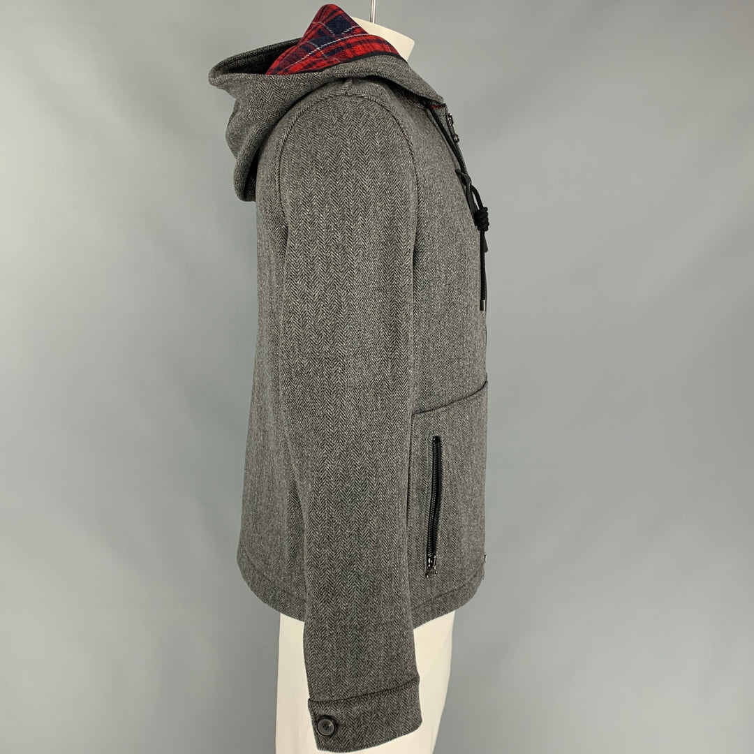 LANVIN Size 44 Grey & Black Herringbone Wool / Polyamide Hooded Jacket