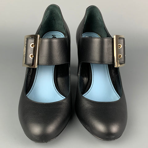 LANVIN Size 6 Black Leather Buckle Mary Jane Pumps